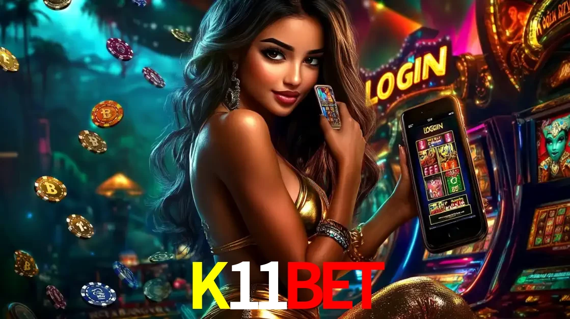 Mulher em um cenário de cassino temático de aventura, mostrando o app de caça-níqueis da K11BET no celular. Fichas de apostas flutuam ao redor.