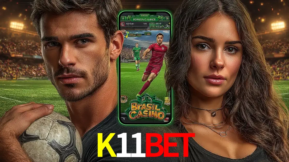 Homem segurando uma bola de futebol e uma mulher ao lado de um smartphone exibindo o jogo de apostas esportivas da K11BET. Faça seu palpite no cassino online.